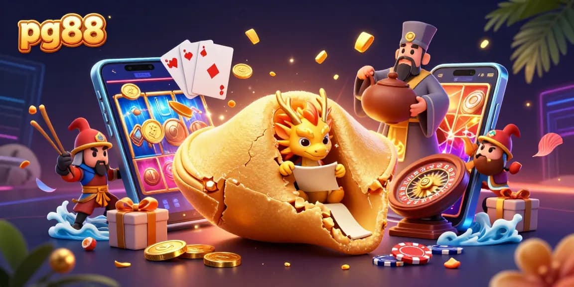Spin exciting jackpots with pg88, featuring a golden fortune cookie and gaming elements in a vibrant scene.