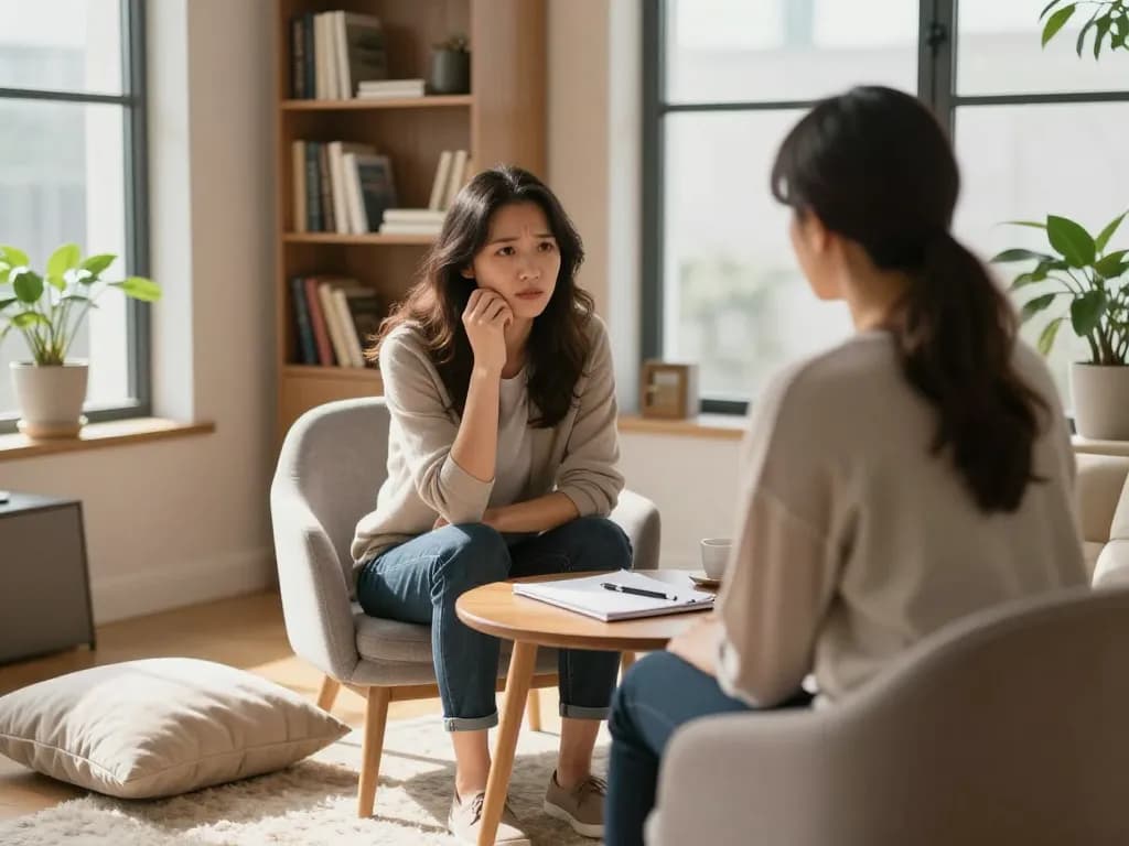 A cozy therapy session focusing on treating 焦慮症 with a professional listening attentively to a patient in a warm, inviting office.