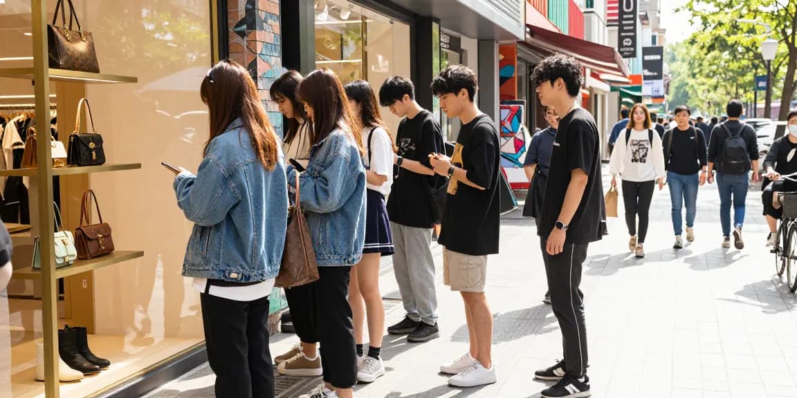 Young shoppers exploring stylish 레플리카 쇼핑몰 with trendy outfits and high-quality replica products in vibrant urban setting.