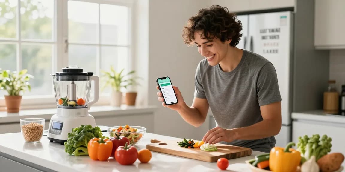 The best calorie tracker app displayed while healthy cooking in a bright kitchen.