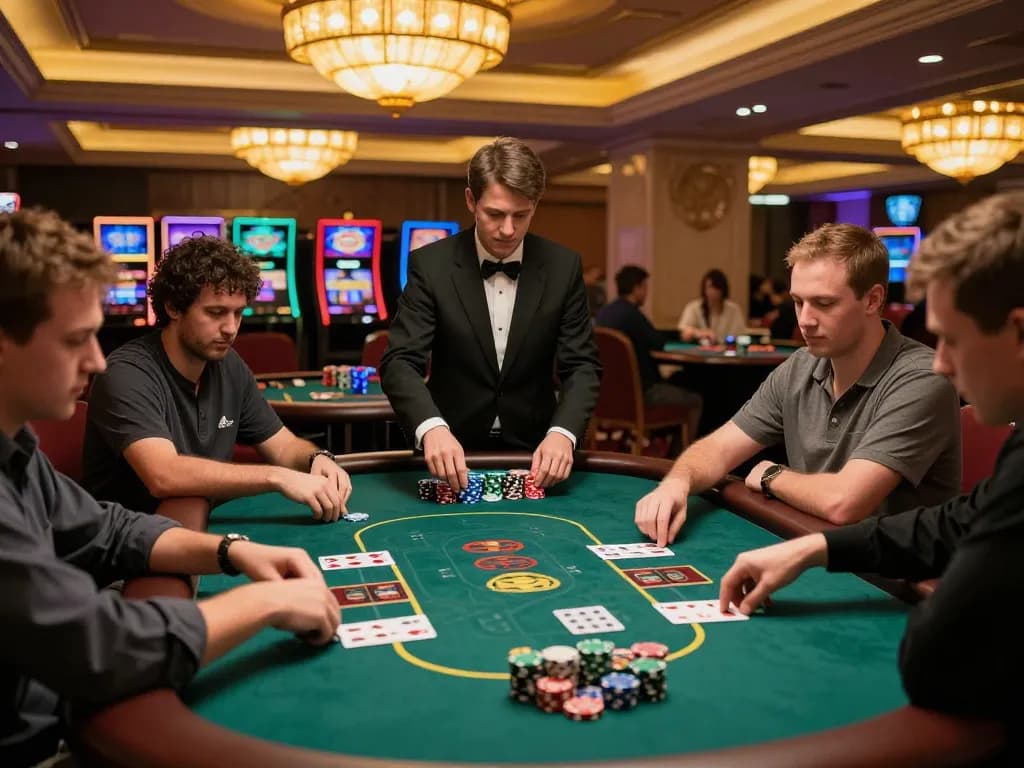 Players engage in strategic poker gameplay at GG88, showcasing vibrant chips and a dynamic dealer.