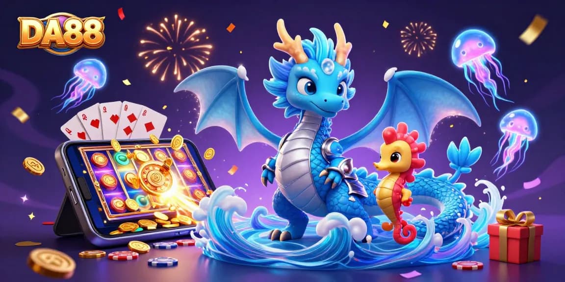 Play DA88 slot games with vibrant characters and exciting casino elements in this dynamic illustration.