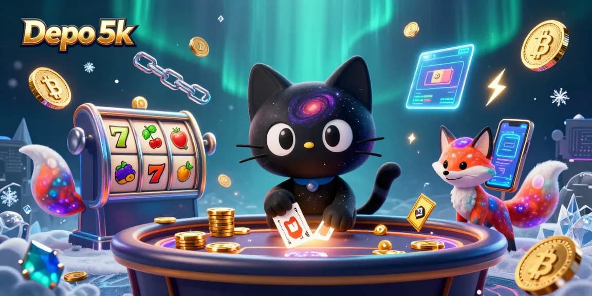 Menggali fitur menarik dari permainan Depo 5k dengan tampilan slot modern dan simbol keberuntungan.