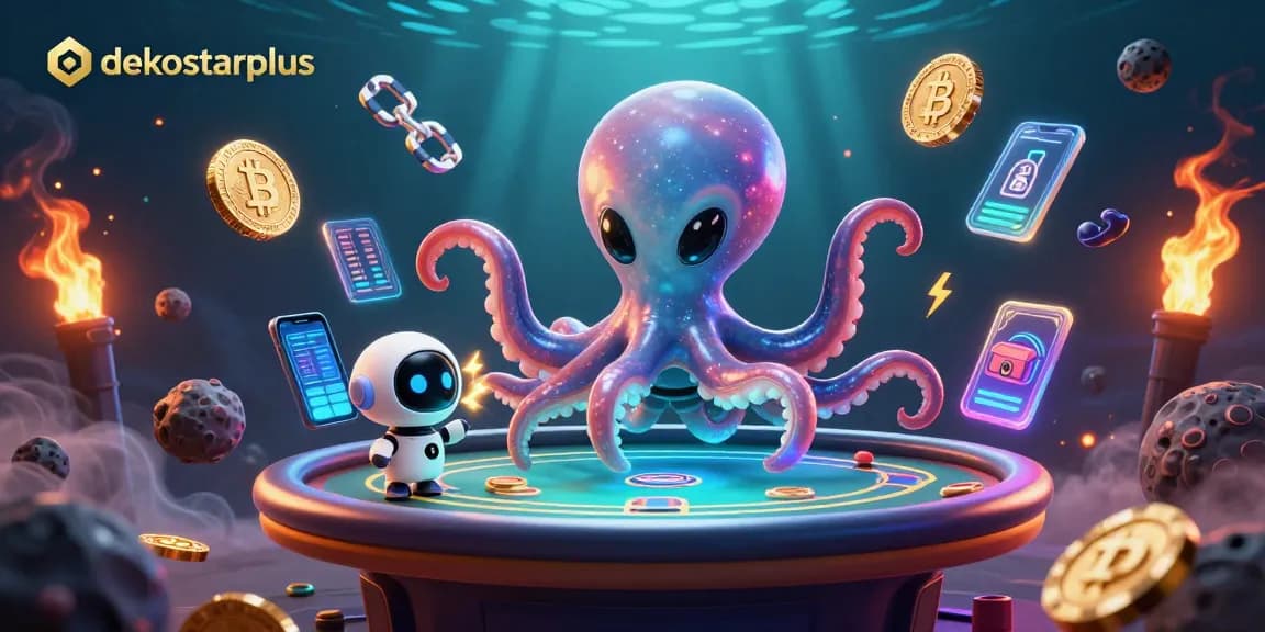 Engage with dekostarplus at a floating poker table, featuring crypto coins and vibrant game dynamics.