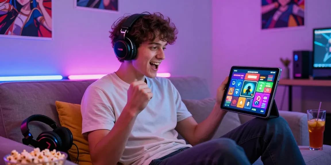 Engaged player enjoying a real ecchi game on a tablet in a colorful gaming setup.