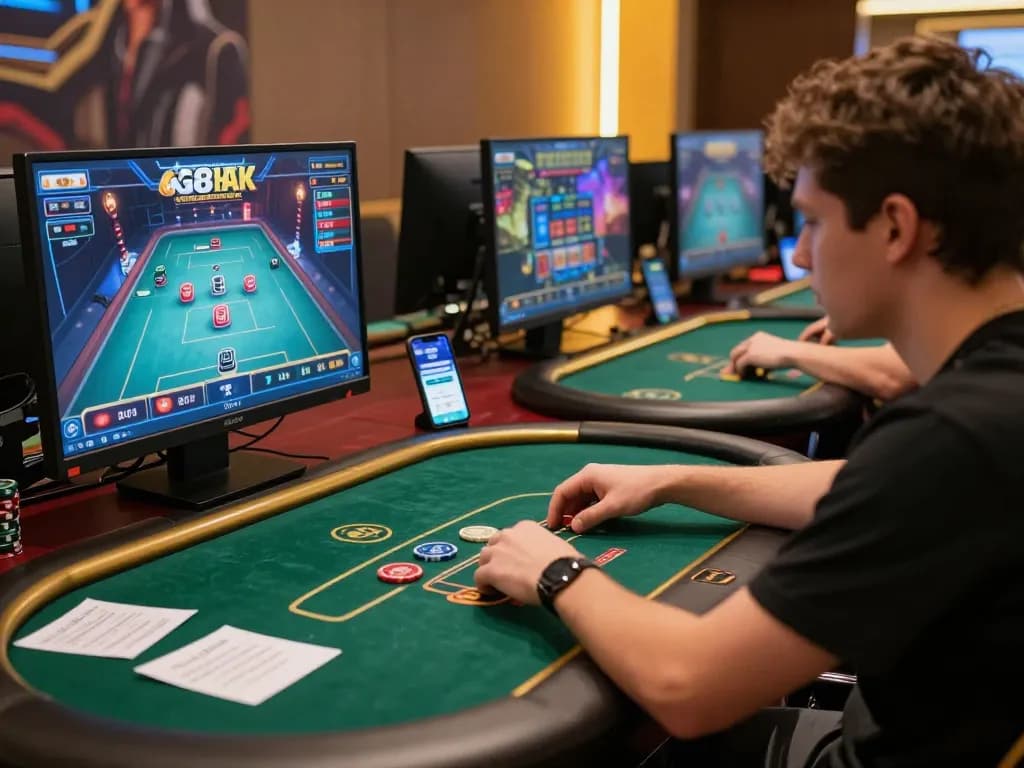 GG88 player engaged in online poker gameplay with strategic notes and smartphone displayed