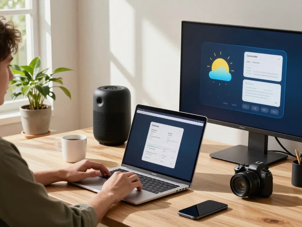 Engaging workspace showcasing tech gadgets for home like Bluetooth speakers and smart display in a bright atmosphere.