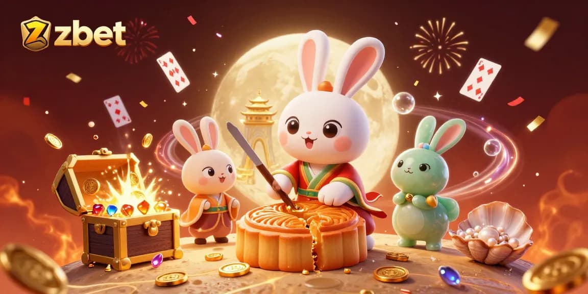Zbet's animated 3D scene showcasing a moon rabbit creating mooncakes filled with poker chips, celebrating casino excitement.