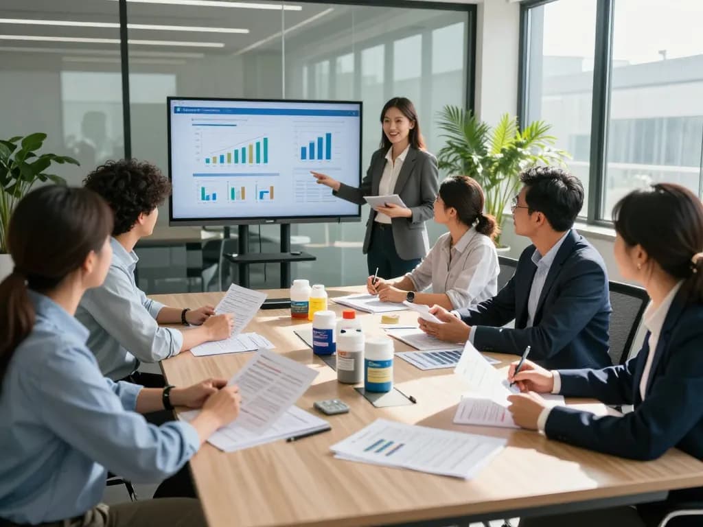 Professional team collaborating in an office, highlighting an industrial chemicals supplier's innovative strategies and teamwork.