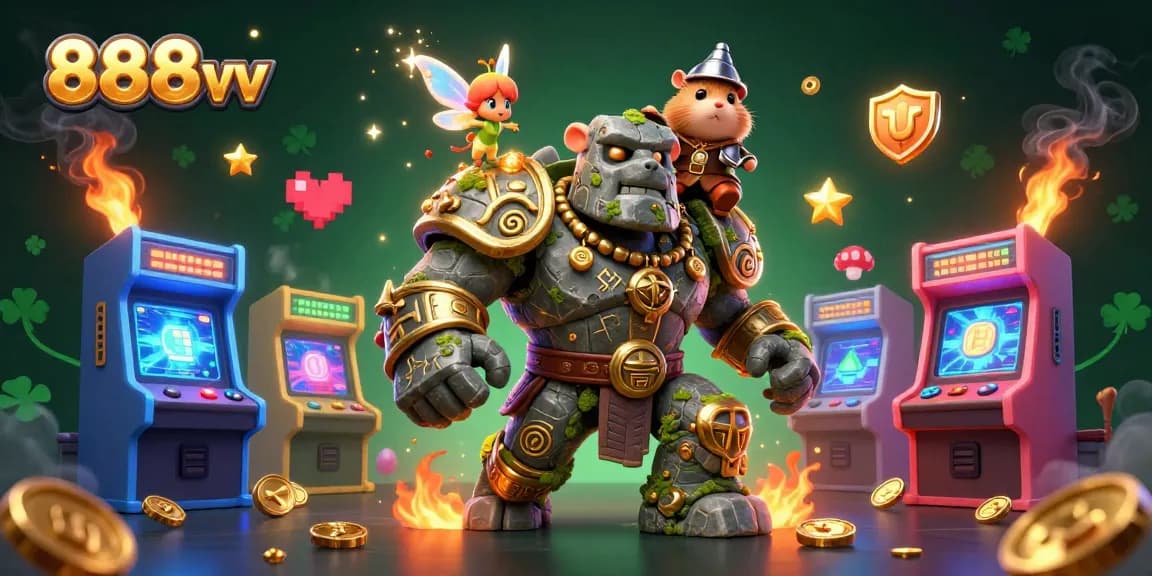 Experience thrilling gaming with 888vv featuring a magical 3D golem and fairy in a vibrant casino adventure.