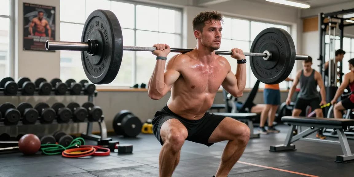 Engagierter Athlet führt Kreuzheben in einem dynamischen Fitnessstudio durch, was den Fokus von Steroidshop auf Muskelwachstum und Fitness betont.