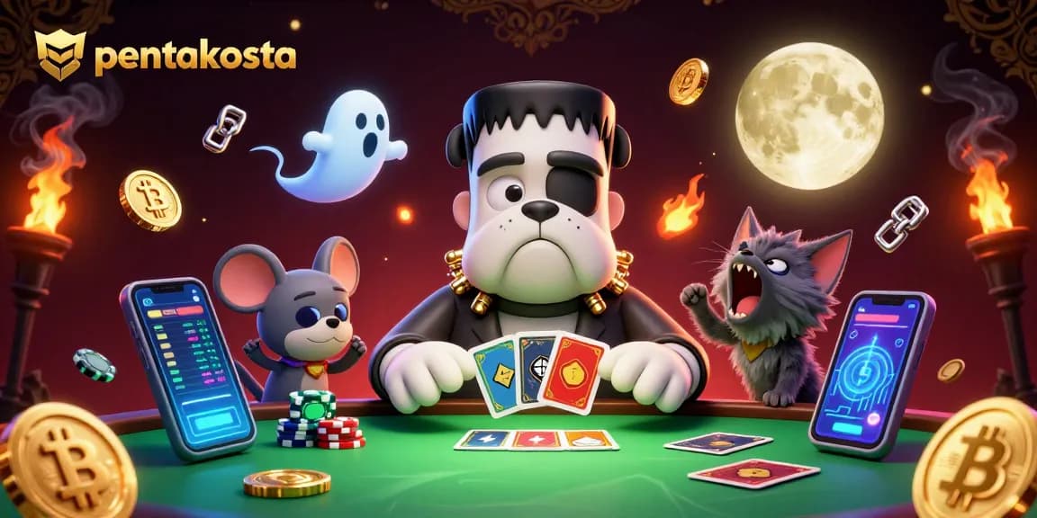 Engage with pentakosta in this vibrant 3D scene featuring a Frankenstein bulldog, ghost mouse, and werewolf kitten at a casino table.