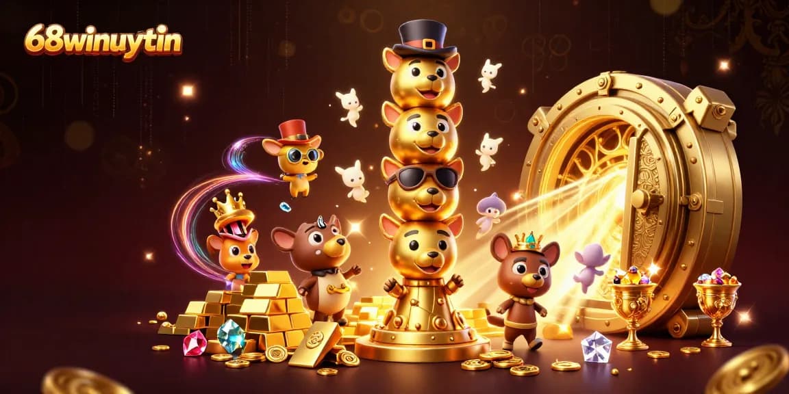 Experience the excitement of 68winuytin with vibrant casino-themed 3D illustration filled with gold treasures.