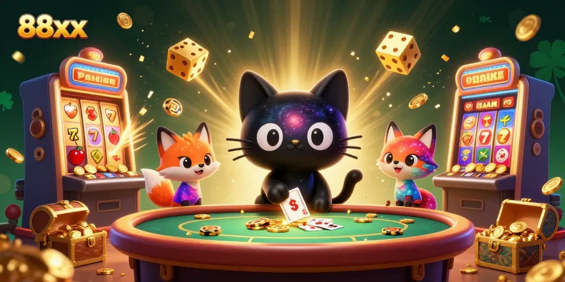 Experience the excitement of 88xx casino with a vibrant cosmic scene and charming characters.
