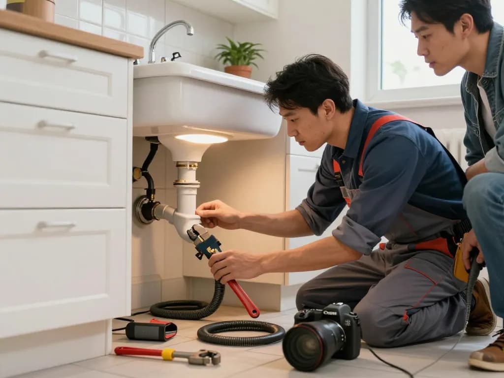 Sewer line repair process in a home kitchen with a professional plumber inspecting pipes under the sink surrounded by tools.