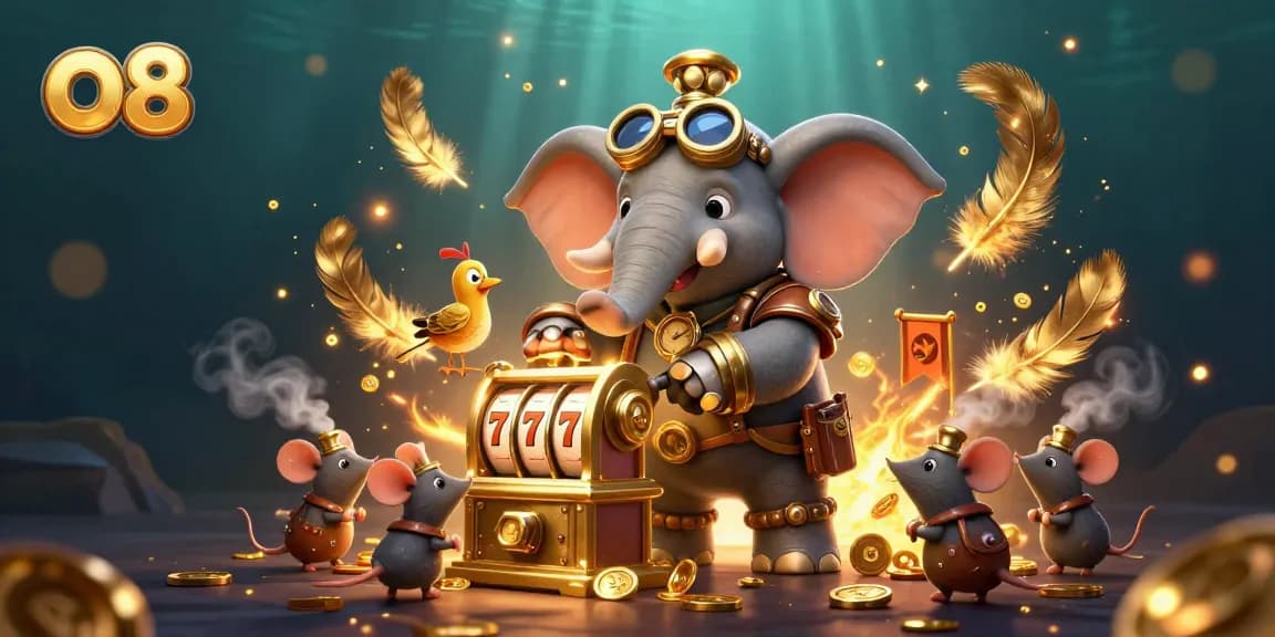 Spin the o8 golden slot machine with a steampunk elephant engineer in an exciting casino scene.