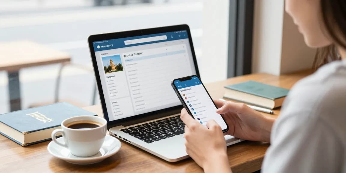 Traveler utilizing an itinerary builder app to plan exciting trips from a cozy café.
