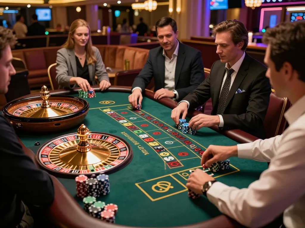 Players engaged in a thrilling game at 789win01 casino roulette table, vibrant atmosphere with colorful chips.