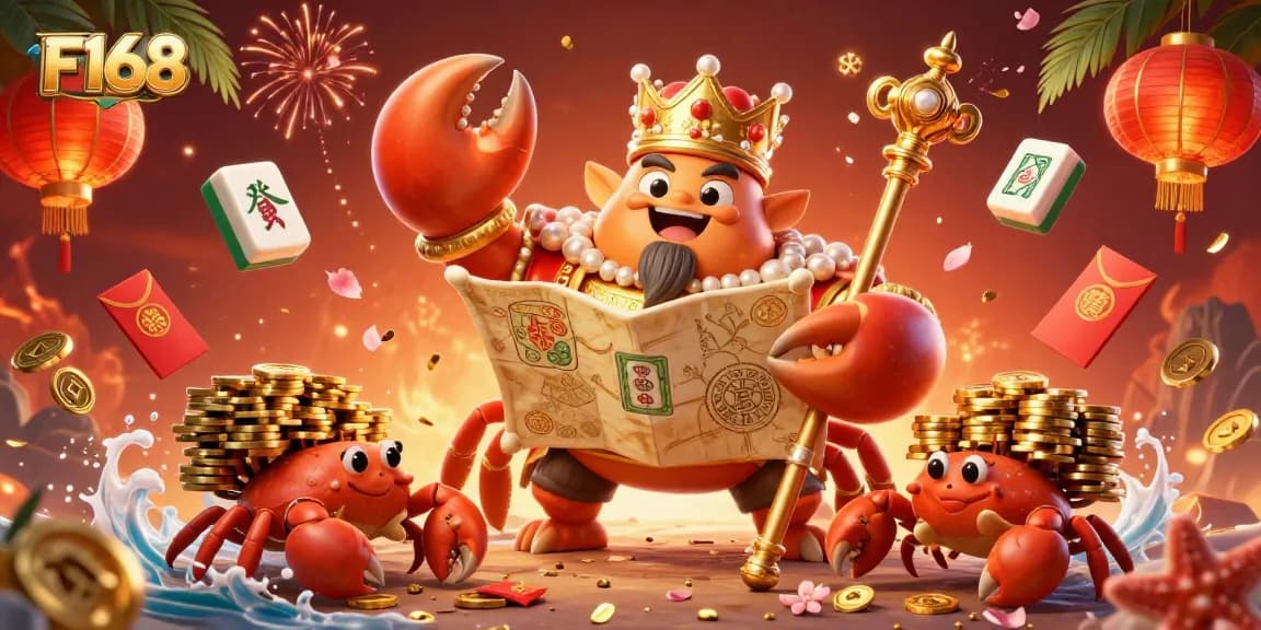 Engaging F168 gaming scene featuring the golden crab emperor, treasure map, and vibrant casino elements.