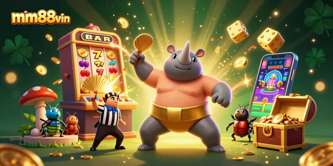 Experience mm88vin's thrilling slot jackpots with a cartoon beetle champion amid flying coins and casino symbols.