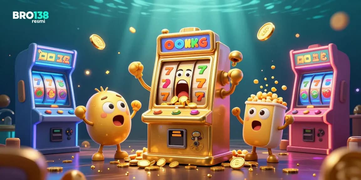 BRO138 resmi slot machines celebrating a jackpot, surrounded by colorful game elements and golden coins.