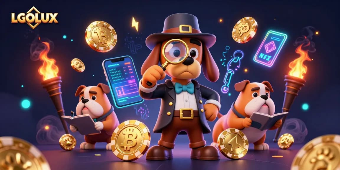 Play exciting games at LGOLUX with vibrant 3D visual elements showcasing crypto coins and casino clues.