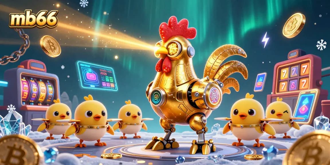 Engage with the dynamic mb66 casino gaming scene featuring a futuristic golden rooster robot and crypto elements.