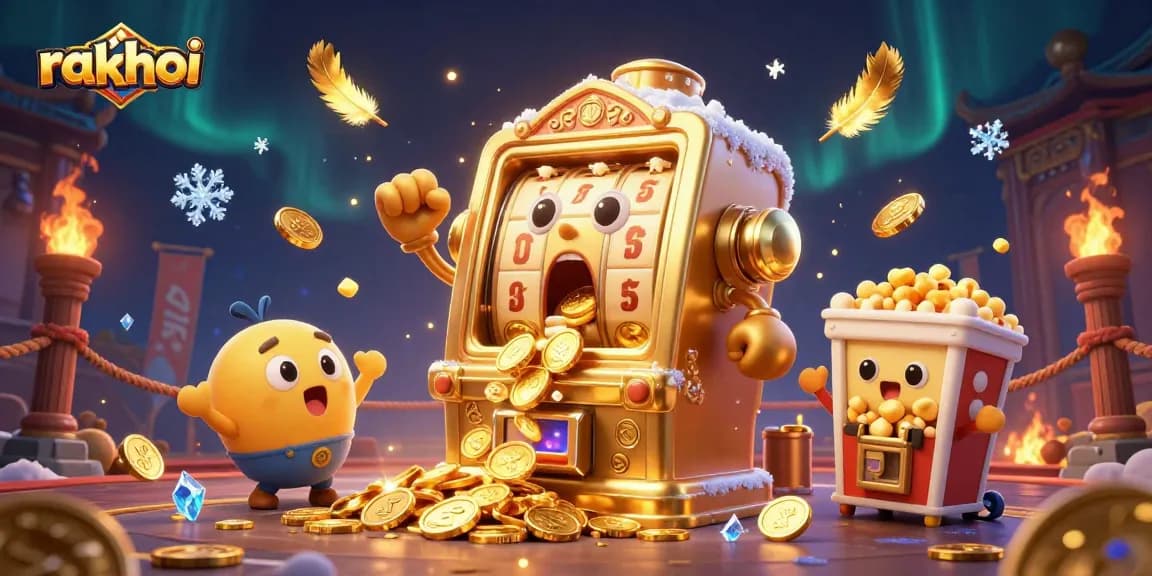 Engage with rakhoi casino excitement as a golden slot machine hits a jackpot surrounded by cheering baby slots.