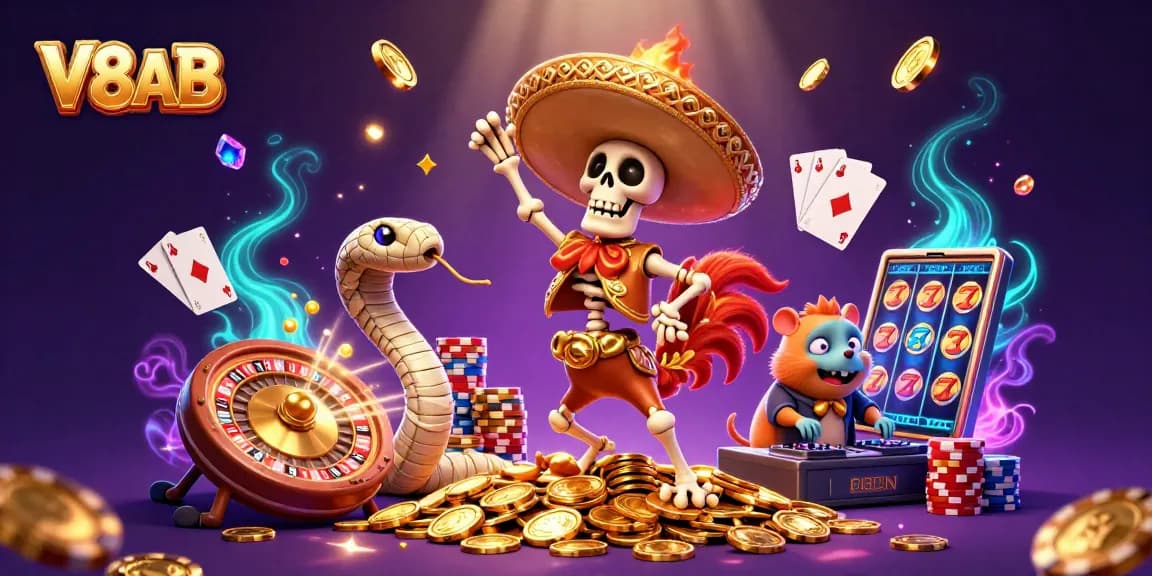 Experience the thrill of V8AB with a vibrant 3D casino celebration featuring unique characters.