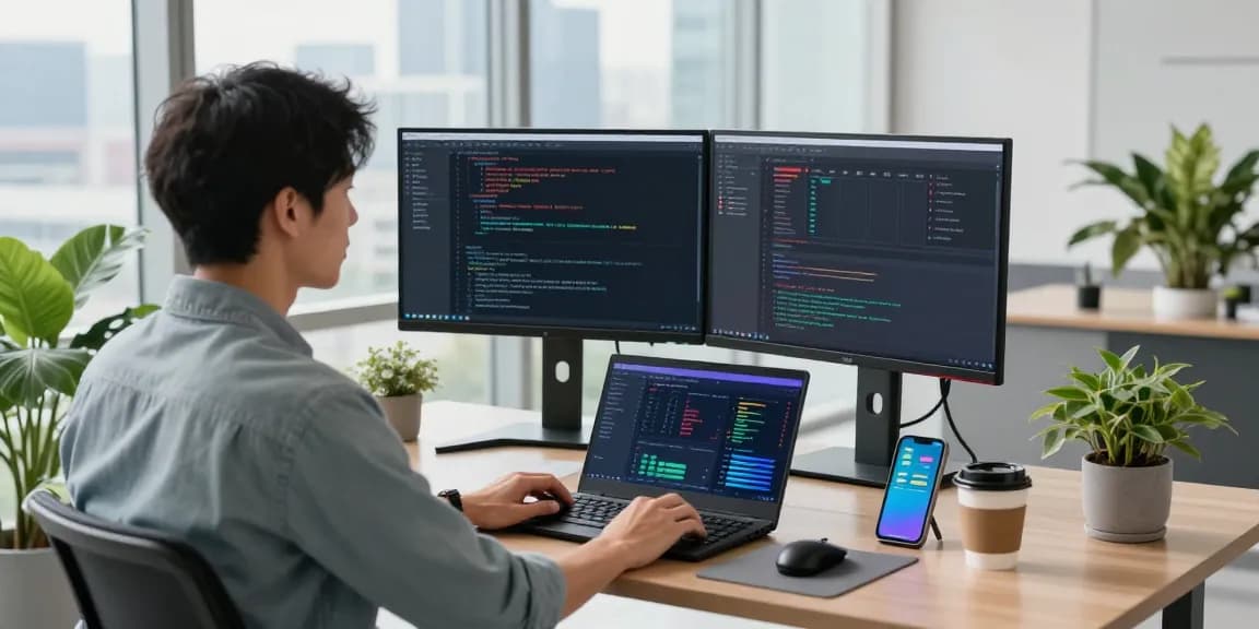 快连 network analytics displayed on dual monitors in a modern tech workspace