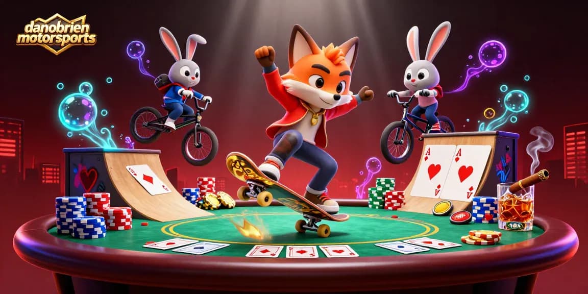Engage with danobrienmotorsports in a dynamic casino scene, featuring vibrant 3D characters and elements.