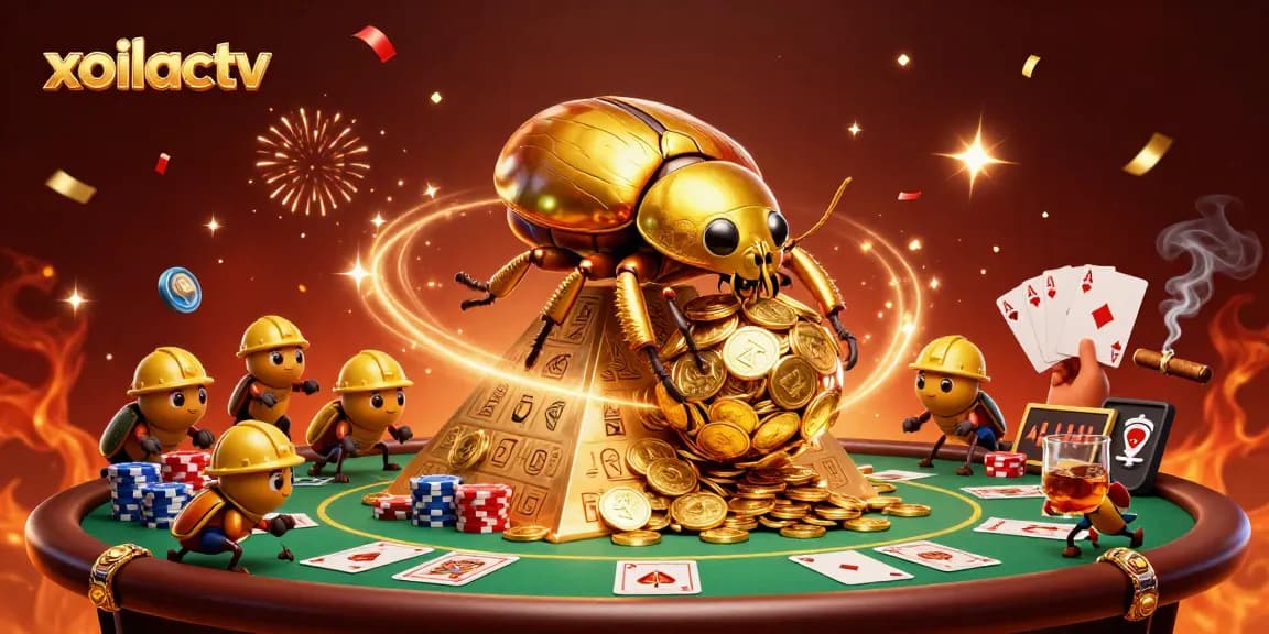 Xoilactv features card games and golden symbols in a vivid casino-themed illustration.