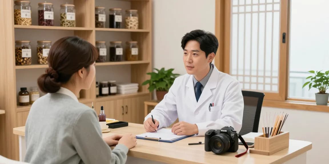 Consultation at 수원한의원 with healthcare professional discussing treatment options in a warm, inviting atmosphere.