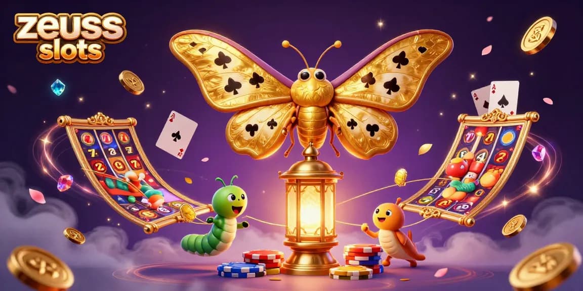 Experience the thrill with zeus slots as golden moths flutter around dynamic casino elements.
