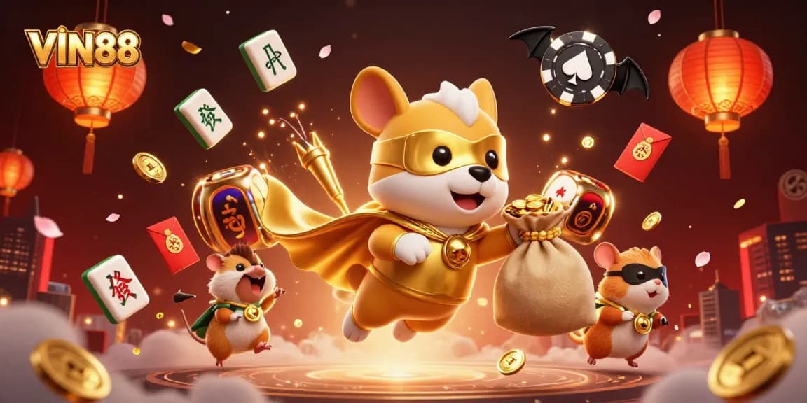 Experience the exciting action at VIN88 with a vibrant scene of a superhero dog flying through a dynamic casino environment.