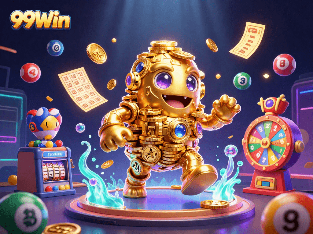 Engage in thrilling gameplay at 99Win with dynamic lottery elements and golden golem symbols.