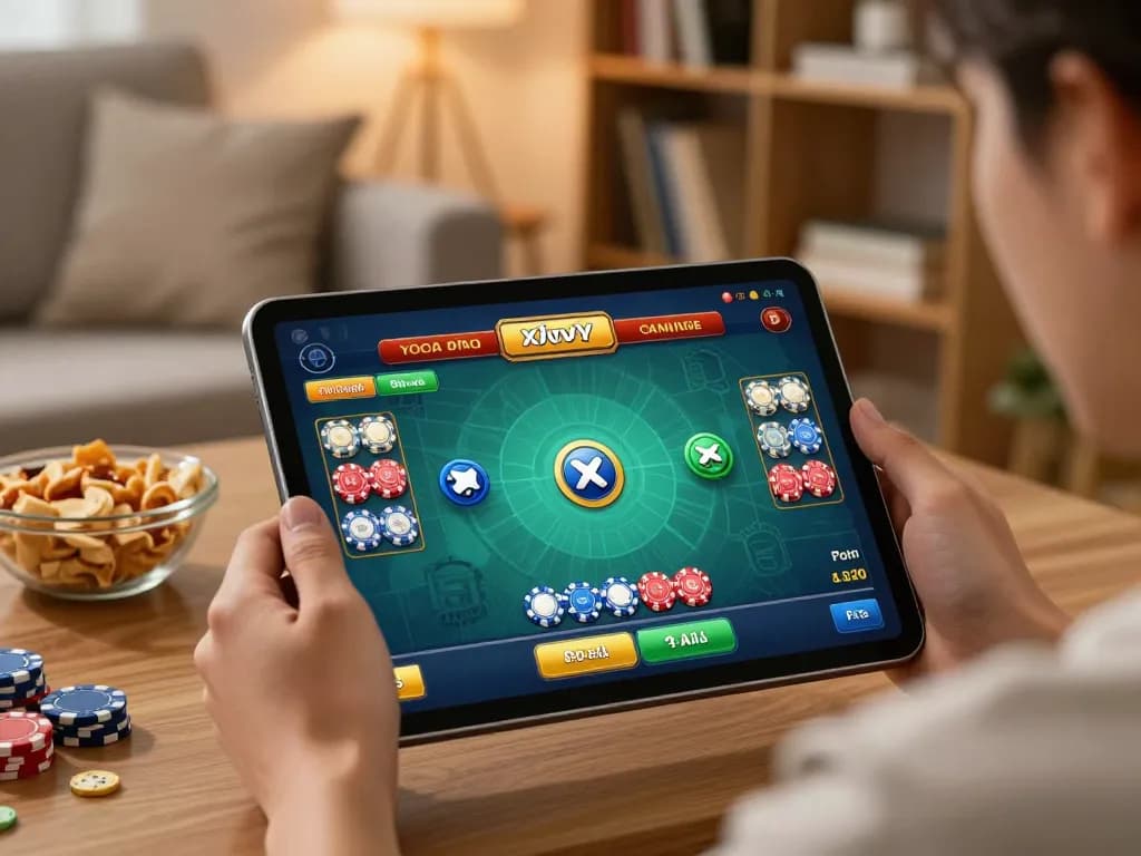 Xóc Đĩa Online gameplay on a tablet in a cozy living room setting.