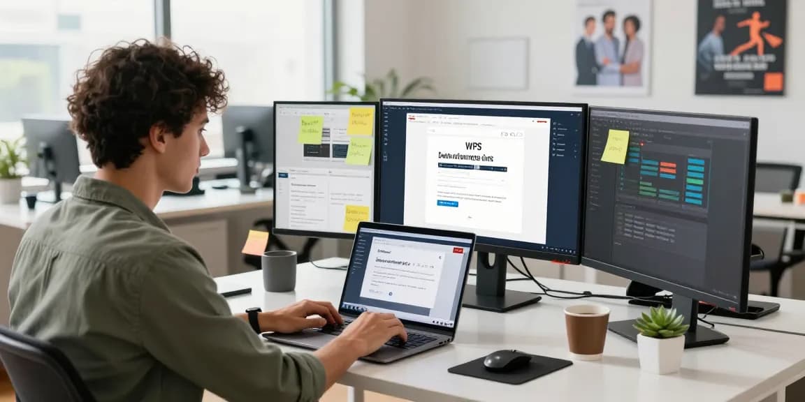 Engaged user on laptop downloading WPS software in a bright tech office environment.
