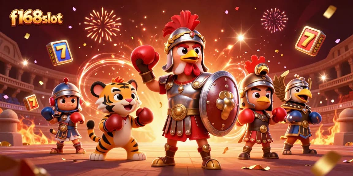 Experience thrilling gameplay at f168slot with a rooster in armor sparring with joy, surrounded by slot elements.