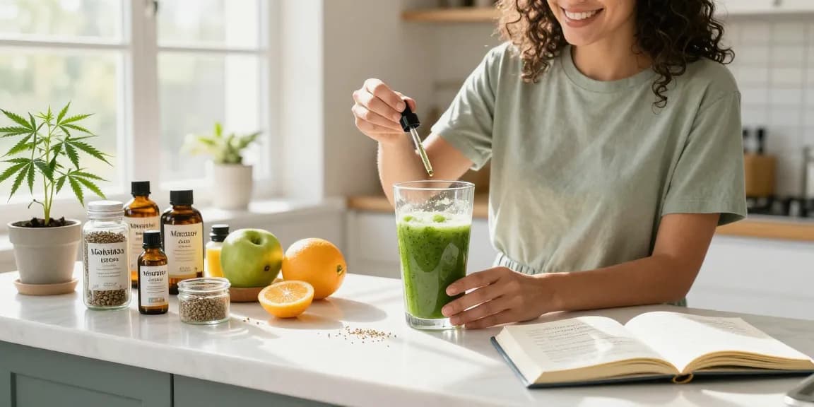 Ministry of Cannabis seeds displayed on kitchen counter with CBD oil and wellness elements promoting natural health.