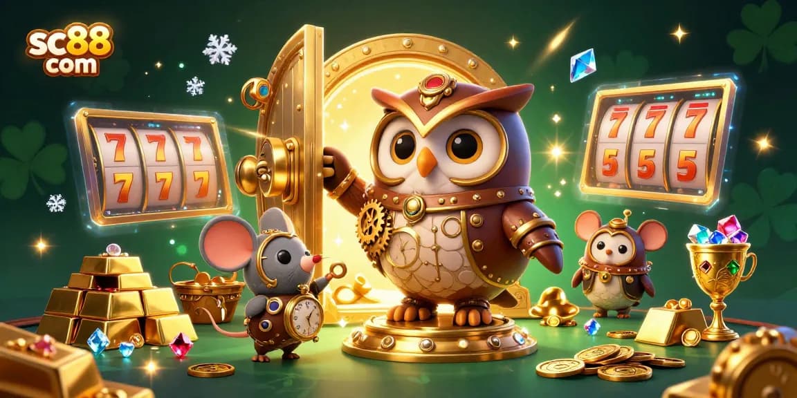 Experience the excitement of sc88 com with a vibrant casino scene featuring a time-traveling owl and rich game elements.