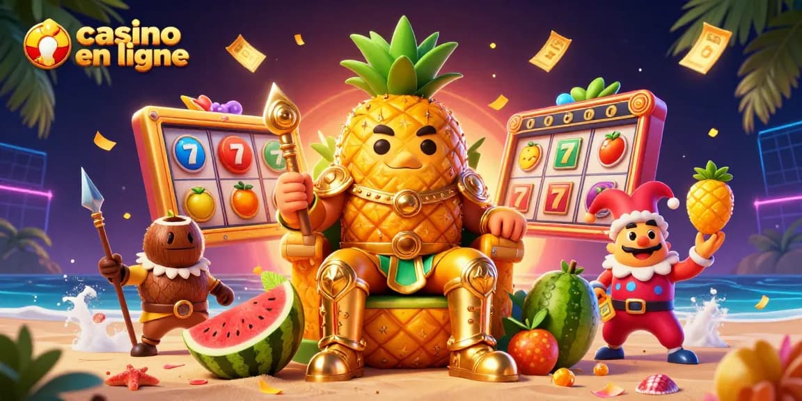 Casino en ligne : illustration de roi ananas au casino avec jeux passionnants.
