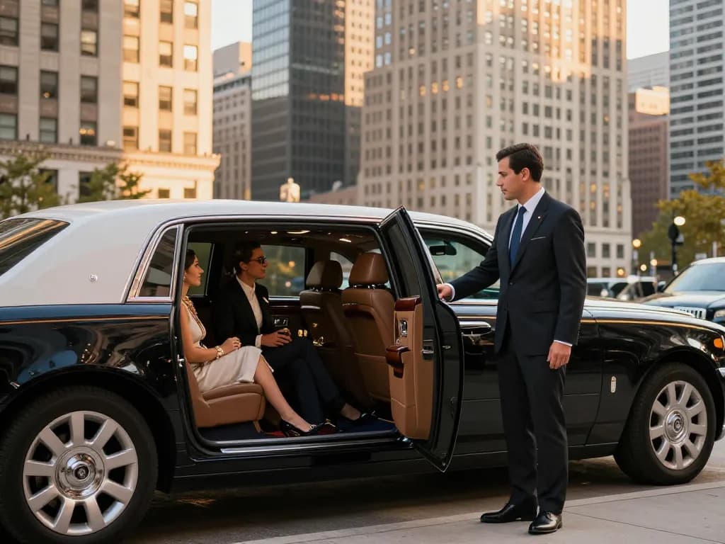 Limousine service Chicago IL with professional chauffeur opening door for stylish passengers in front of luxury hotel.