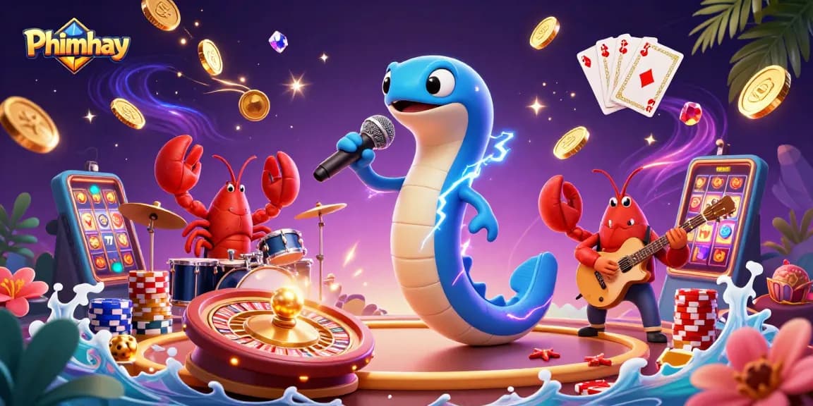 Join the excitement of Phimhay with an electric eel DJ and band in a vibrant underwater casino scene.