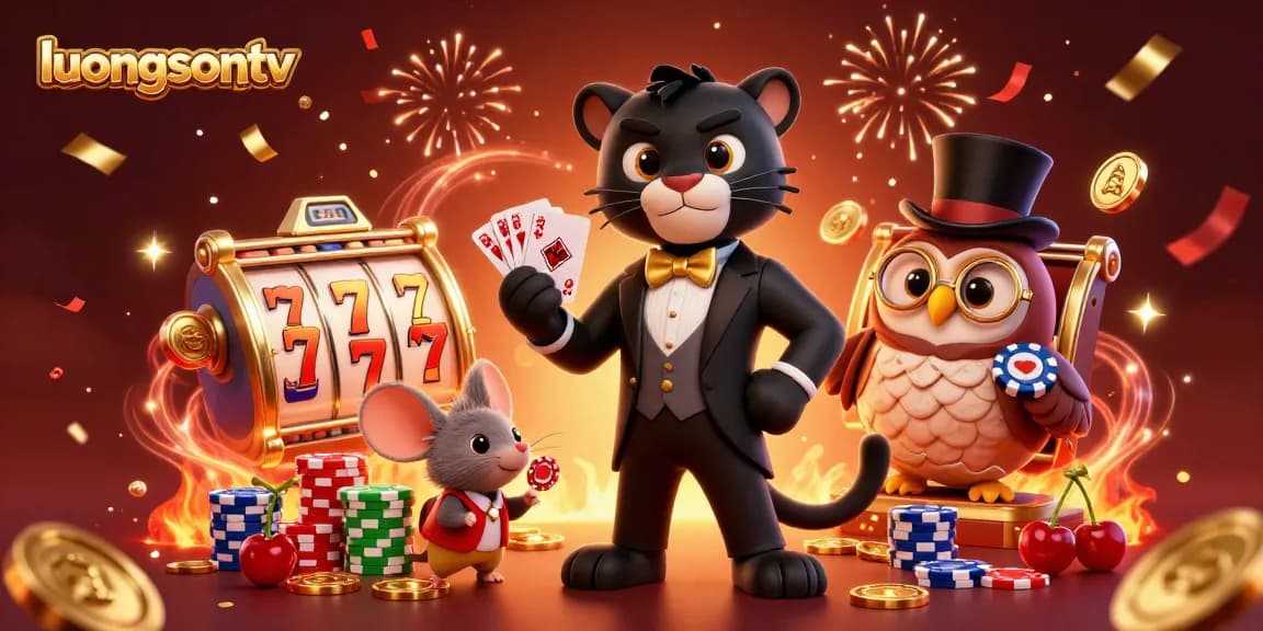 luongsontv offers vibrant casino-themed illustration featuring a panther dealer, lucky mouse, and owl, set among slots and fireworks.