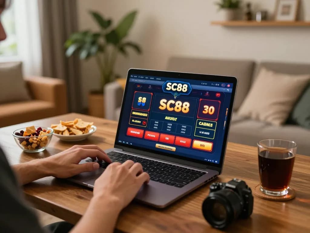 Player enjoying an engaging gaming experience using SC88 casino app on their laptop in a cozy environment.