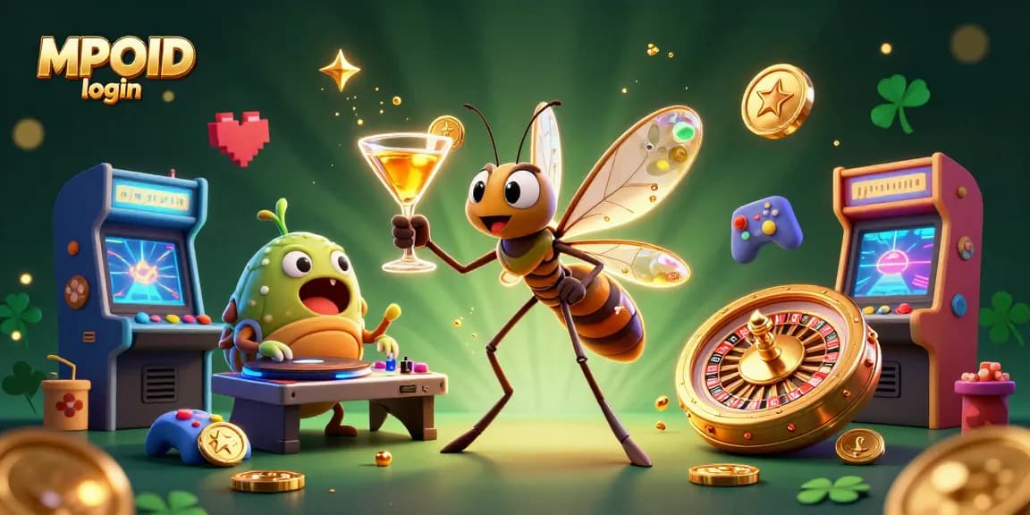 Engage with MPOID login as a fun-filled animated casino scene featuring iconic gaming elements.