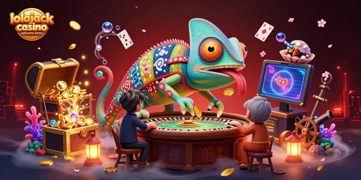 Capture the excitement of the lolajack casino welcome bonus with vibrant casino elements and engaging characters.