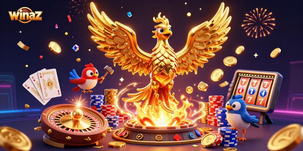 Experience excitement at winaz with a golden phoenix and vibrant casino elements.