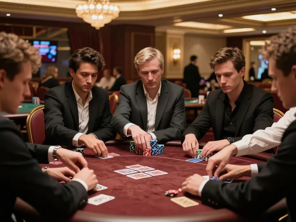 Players strategizing at a high-stakes poker game in DN88 casino.